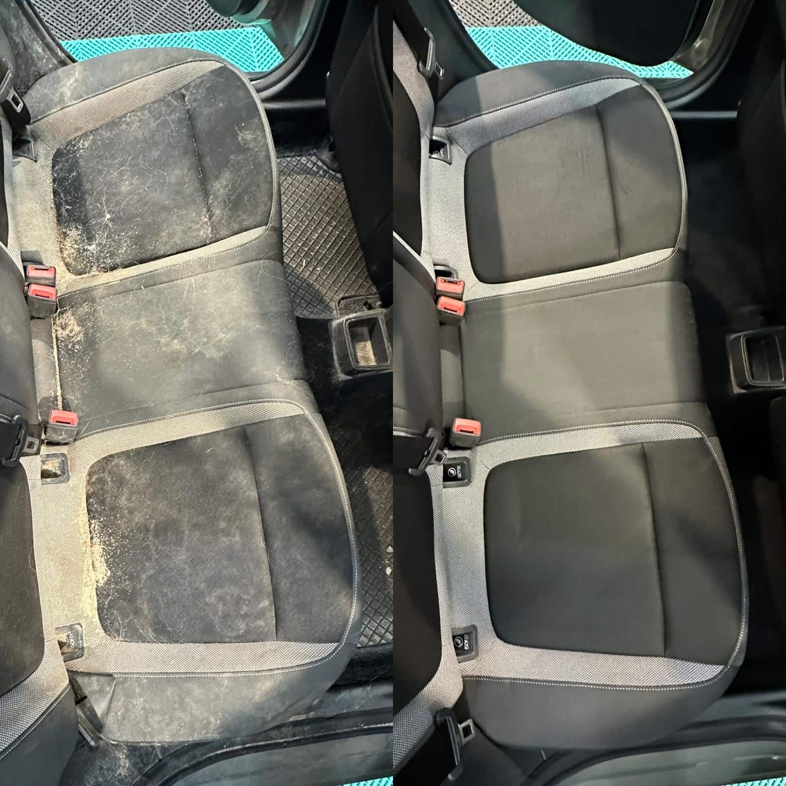Zadní sedadla automobilu před a po profesionálním tepování