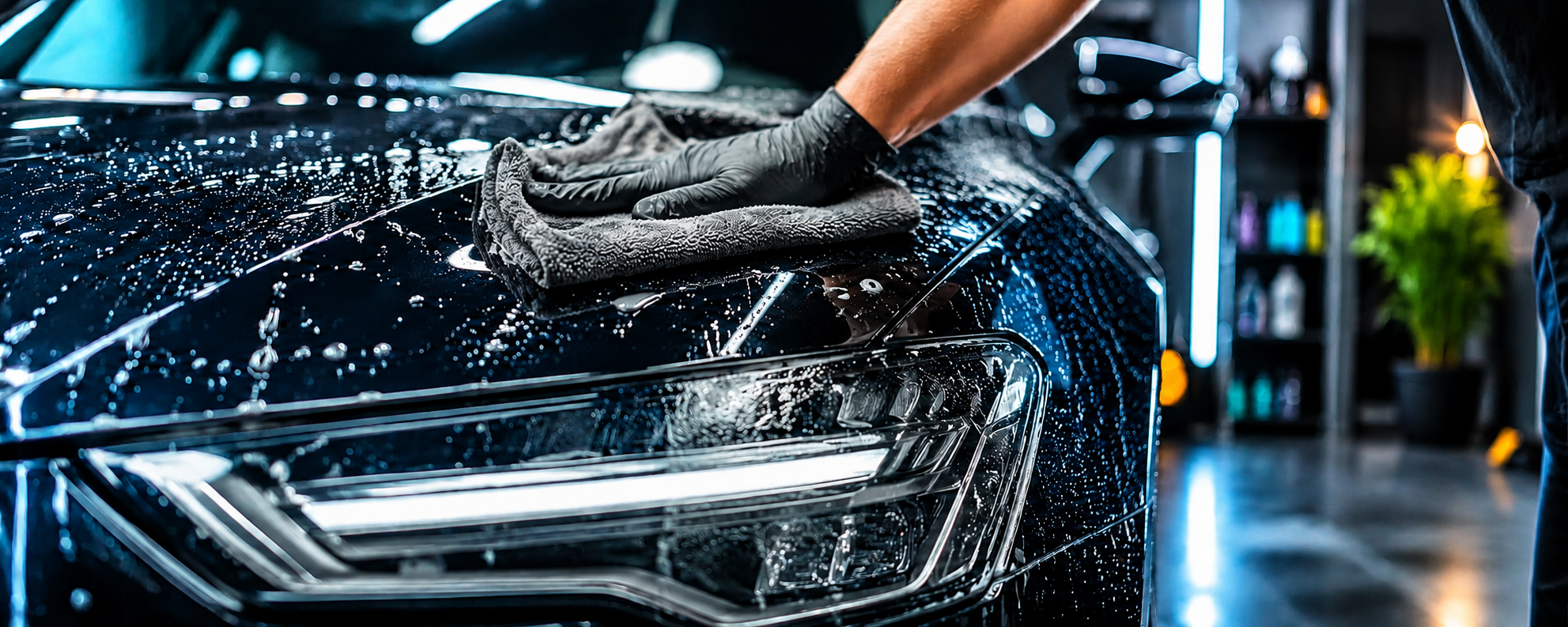 Detailer při ručním čištění a leštění karoserie vozu v detailing studiu Tom's Cars
